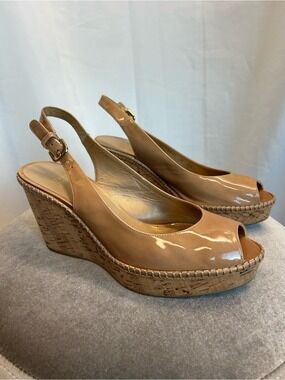 Stuart Weitzman beige jean Patent Peep-Toe Cork Wedge Slingbacks Nude 8.5